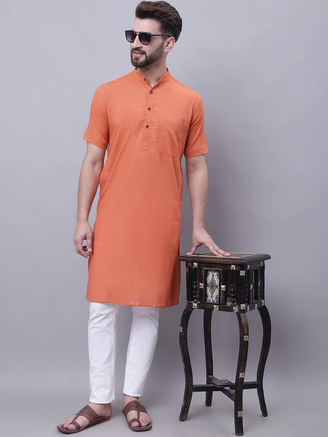 Even Apparels Rust Pure Cotton Short Sleeves Kurta With Band Collar - Distacart