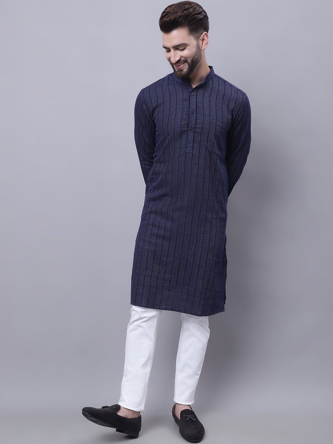 Even Apparels Blue Pure Cotton Kurta With Band Collar - Distacart