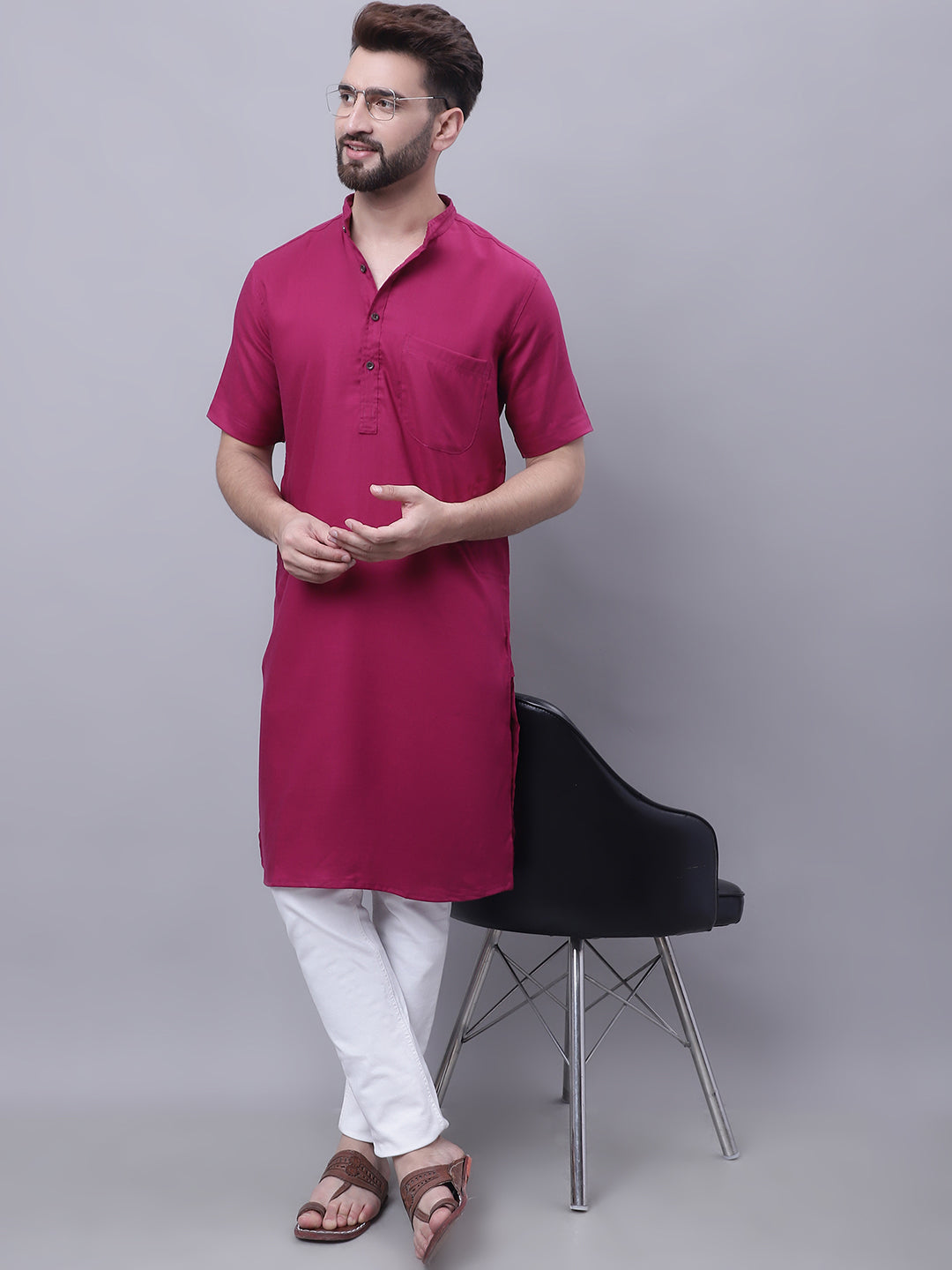 Even Apparels Maroon Pure Cotton Short Sleeves Kurta With Band Collar - Distacart