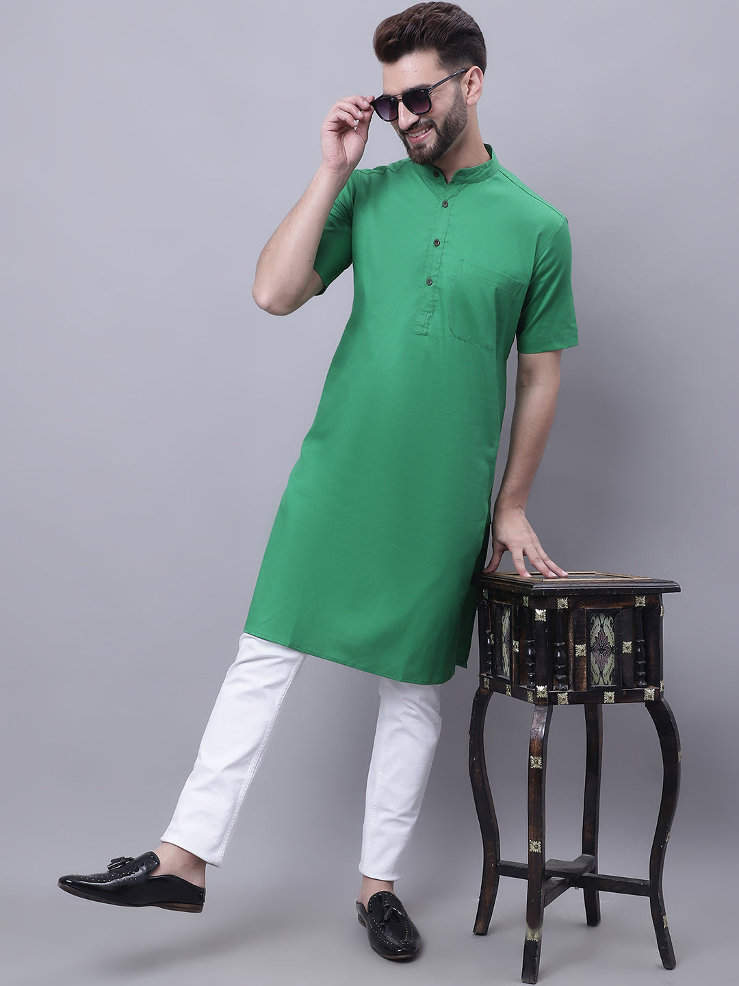 Even Apparels Green Pure Cotton Short Sleeves Kurta With Band Collar - Distacart