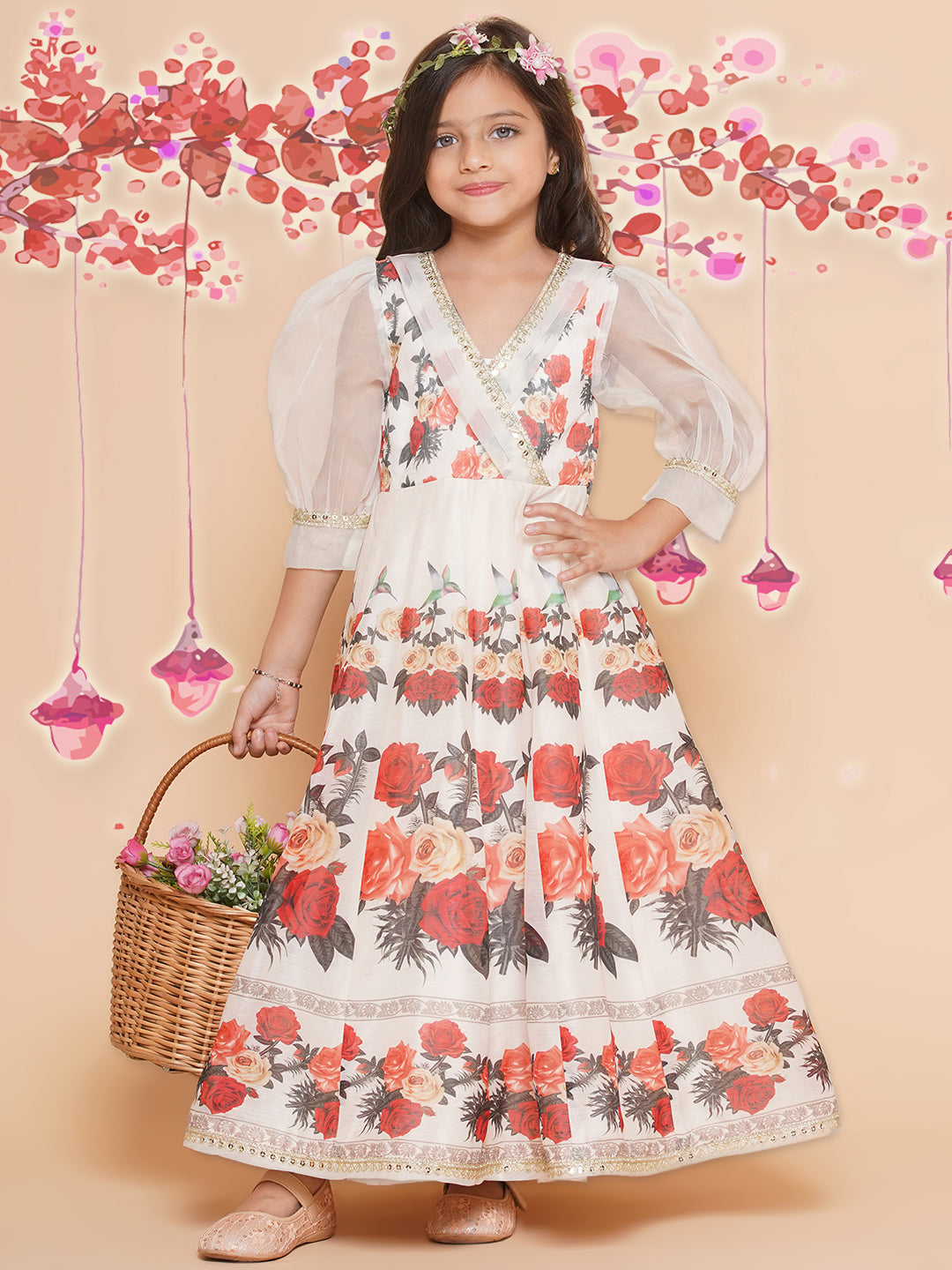 Girls Beige digital printed Maxi Dress for Kids - Bhama - Distacart