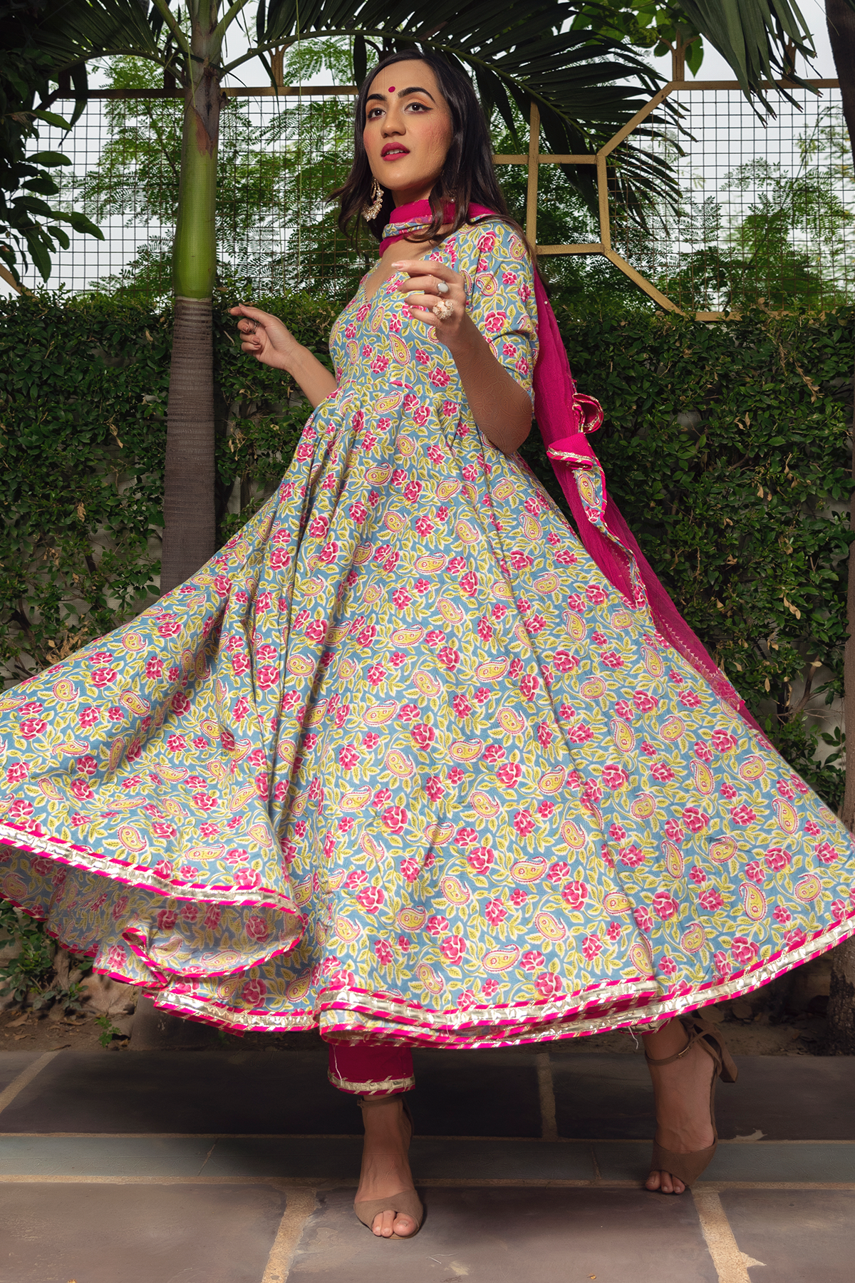 Pomcha Jaipur Jaipuri Hand Block Cotton Anarkali Set