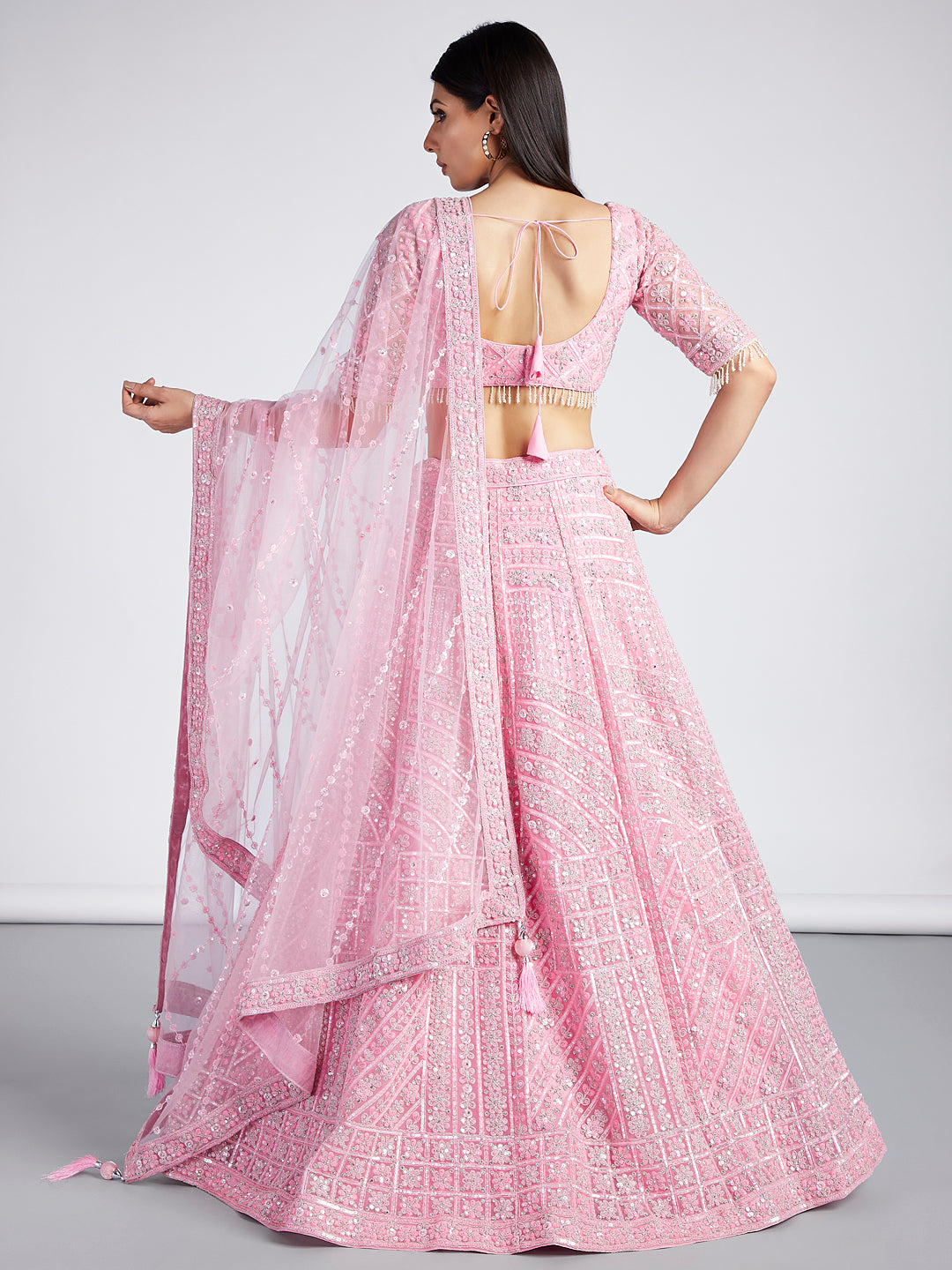 House of Panchhi Pink Net Sequins, Zarkan And Thread Embroidery Lehenga Choli & Dupatta - Distacart