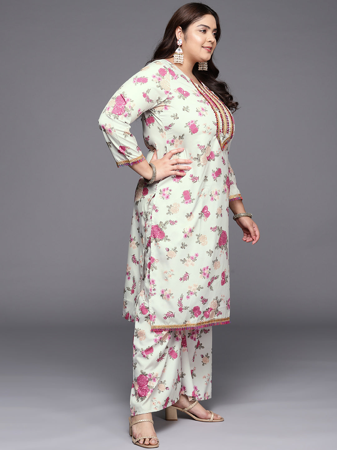 Ahalyaa Plus Size Floral Printed Zari Kurta with Palazzos & With Dupatta - Distacart