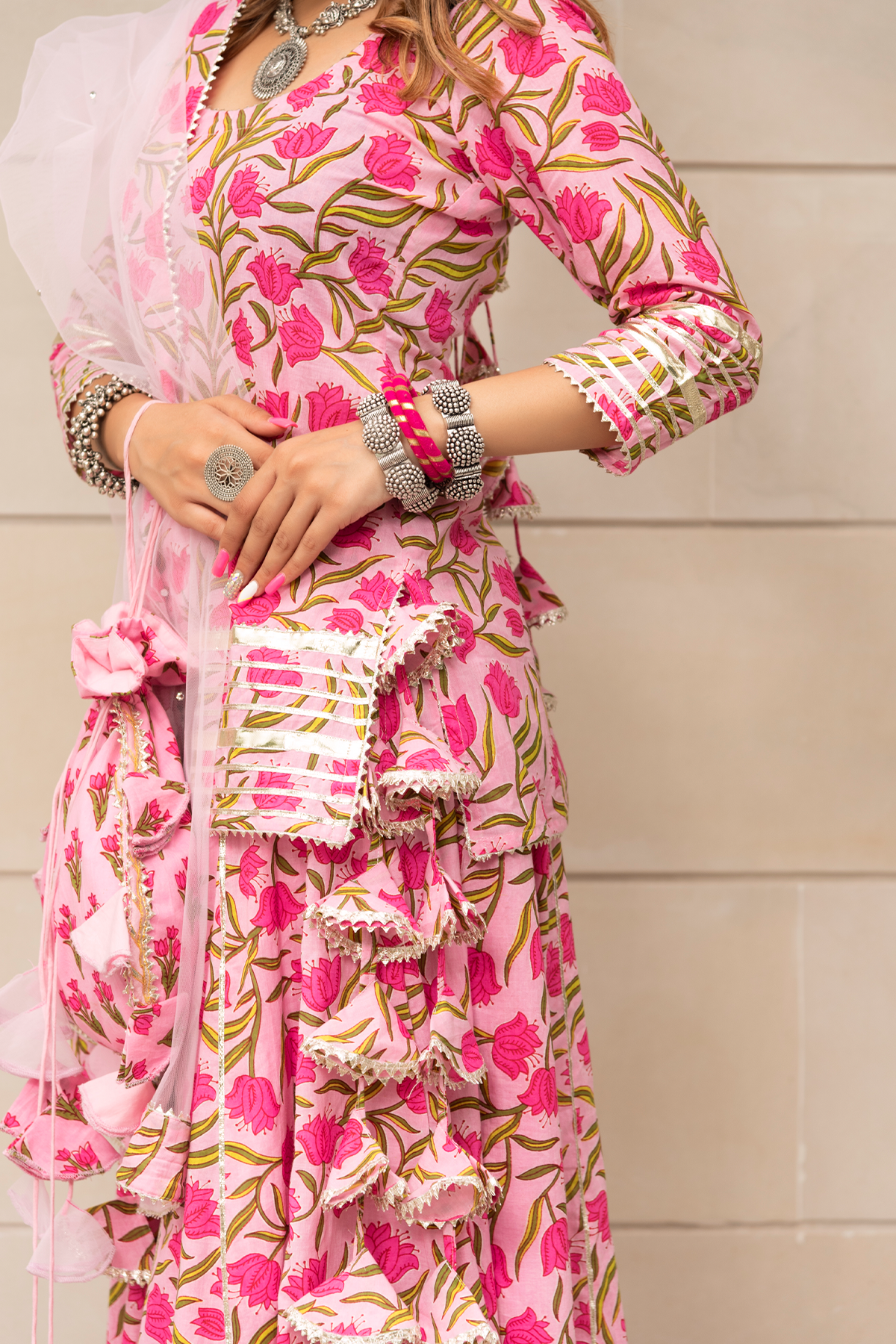 Pomcha Jaipur Tulsi Pink Cotton Hand Block Skirt Set - Distacart