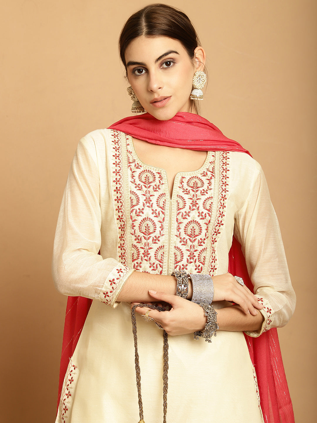 NOZ2TOZ Women Cream Chanderi Trouser Dupatta Set - Distacart