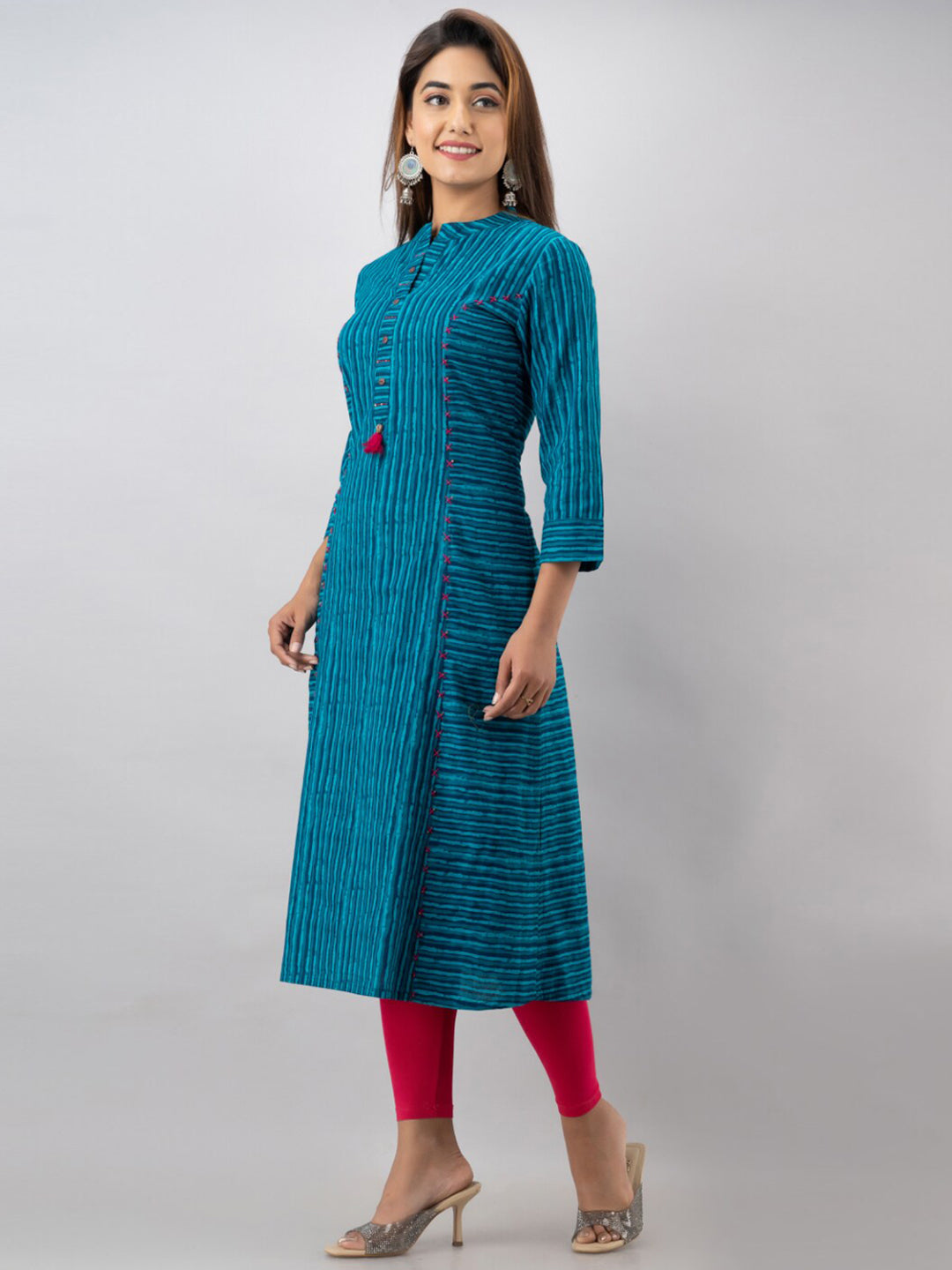 Kalini Women Turquoise Blue & Pink Striped Cotton A-line Kurta - Distacart