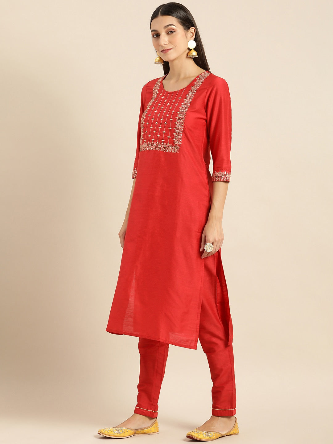 All About You Women Red Woven Design Kurta with Trousers - Distacart