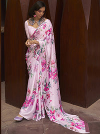 Thumbnail for Mitera Pink & Red Floral Satin Saree - Distacart