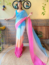 Thumbnail for Mitera Blue & Pink Ombre Embellished Pure Georgette Designer Saree - Distacart