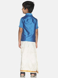 Thumbnail for Sethukrishna Boys Blue & White Shirt with Veshti Set - Distacart