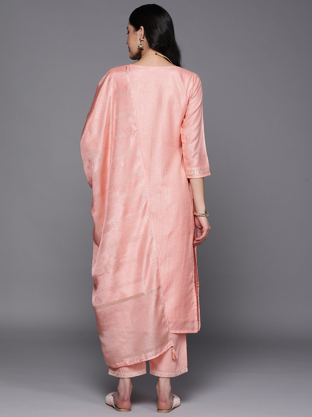 Libas Women Peach Coloured Floral Kurta With Trousers And With Dupatta