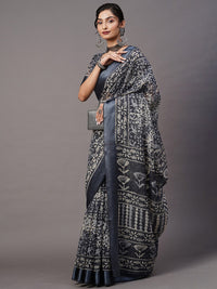 Thumbnail for Mitera Grey & Off-White Batik Printed Ikat Saree - Distacart