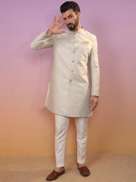 KISAH Ethnic Motifs Woven Design Mandarin Collar Sherwani Set - Distacart