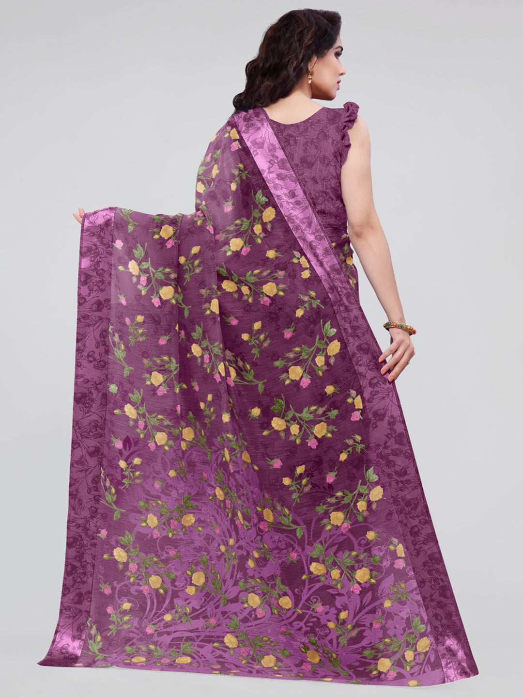 Buy Kalini Purple & Green Floral Printed Designer Bagh Saree