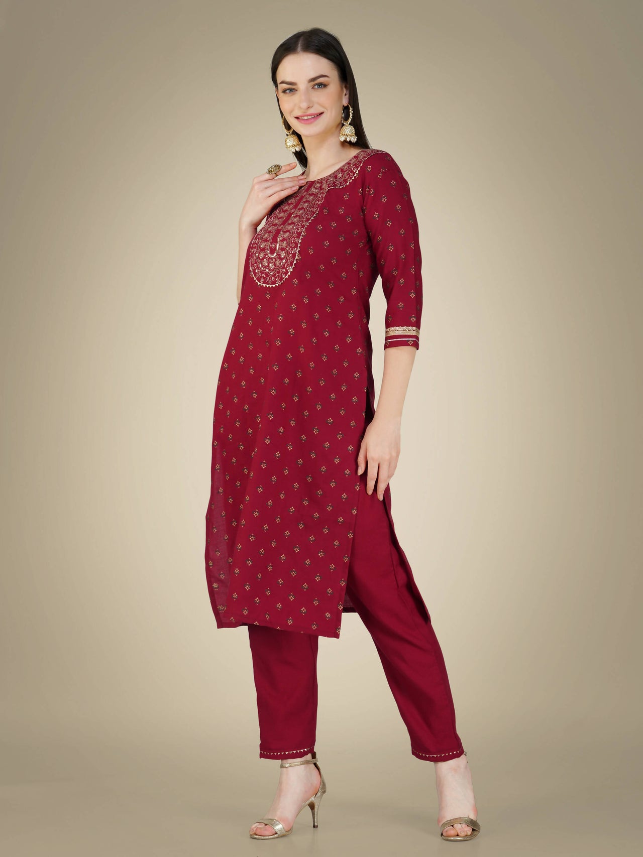 Aastha Fashion Women's Maroon Cotton Magic Slub Embroidery & Sequence Work Kurta with Trouser & Dupatta - Distacart