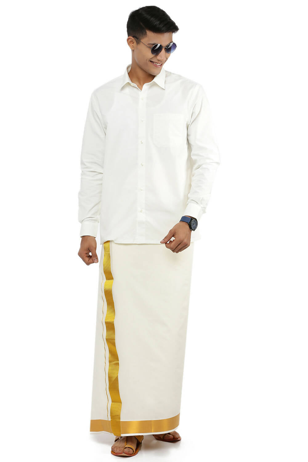 Buy Ramraj Cotton Mens Cotton 1 1/2  Gold Jari Dhoti - Kora