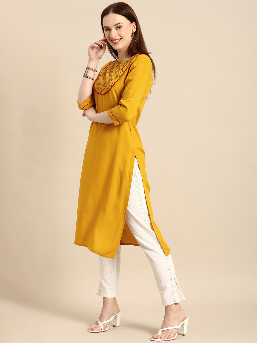 All About You Women Mustard Yellow Ethnic Motifs Yoke Design Keyhole Neck Straight Kurta - Distacart