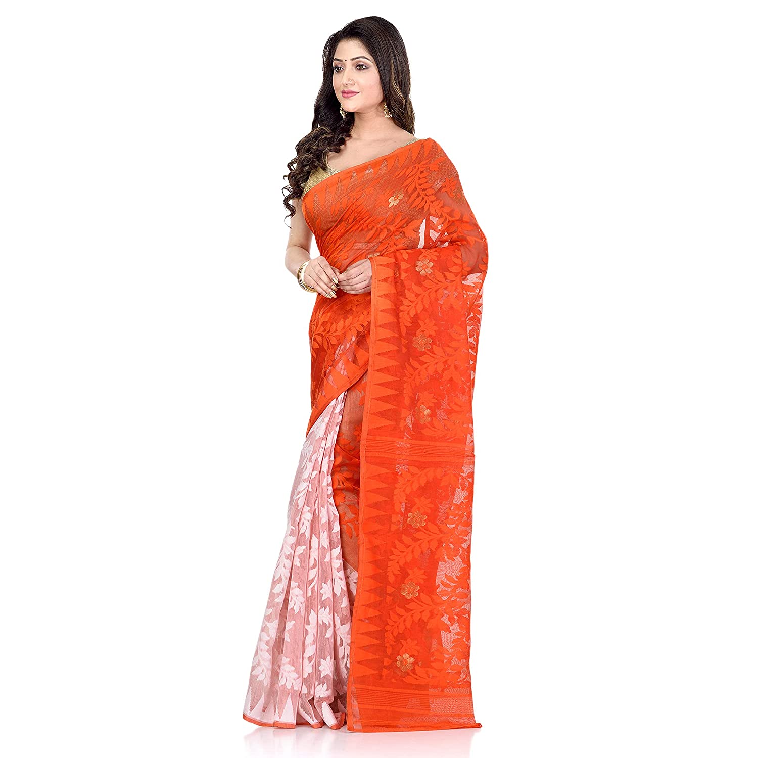 Handloom Cotton Silk Jamdani Saree in Red : SUUA27