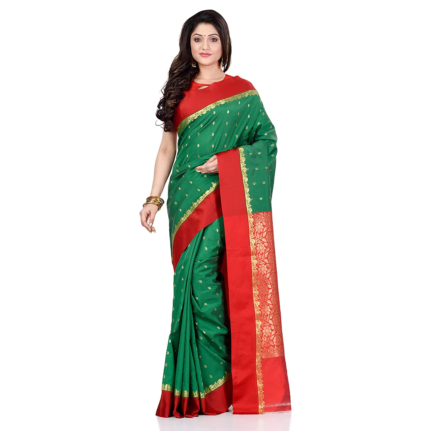 Buy Mayabi Women's Silk Garad Saree of Bengal Tant with Hate Buti Work  without Blouse Pieces - Creamy White and Red at Amazon.in