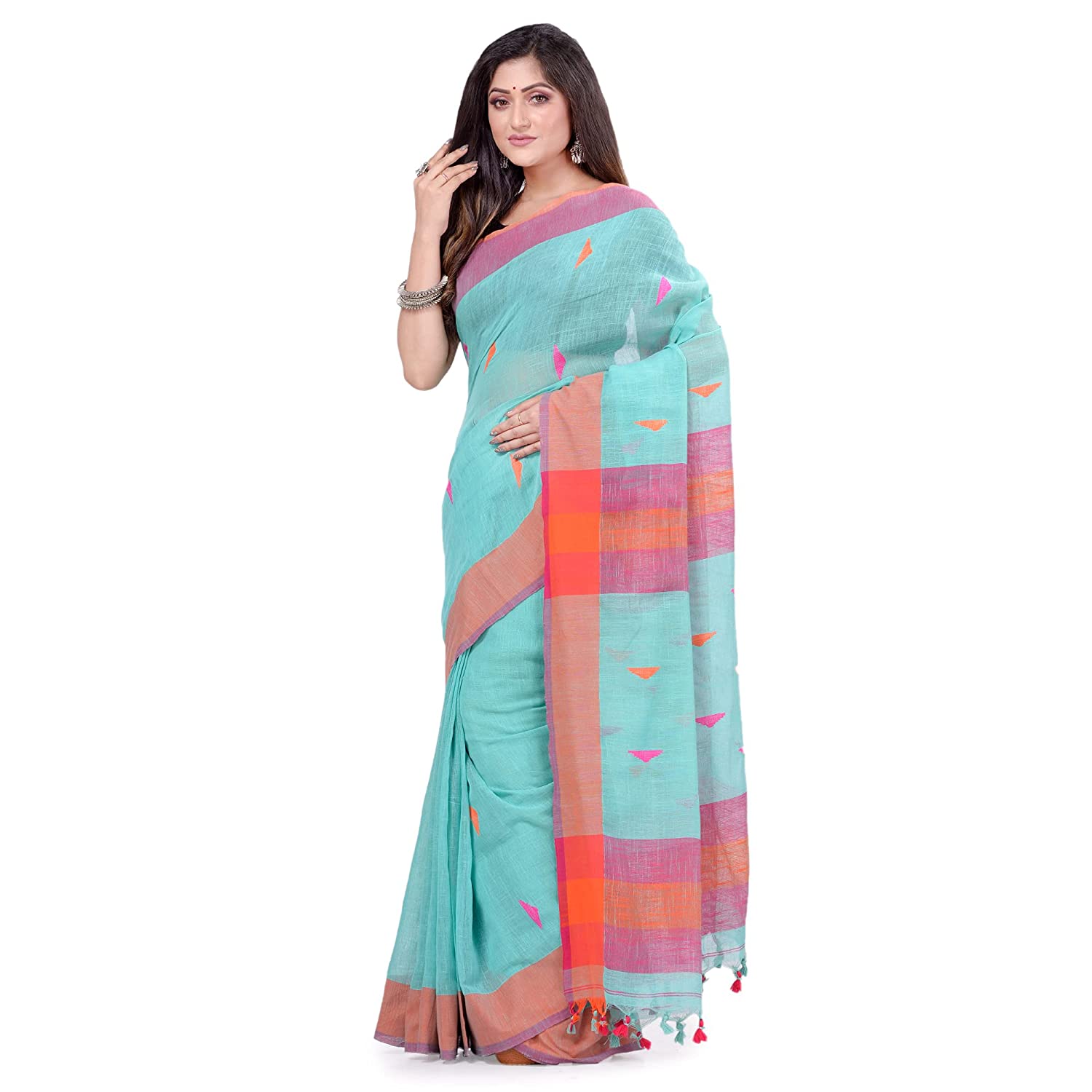 Women Blue & Pink Traditional saree of bengal cotton without