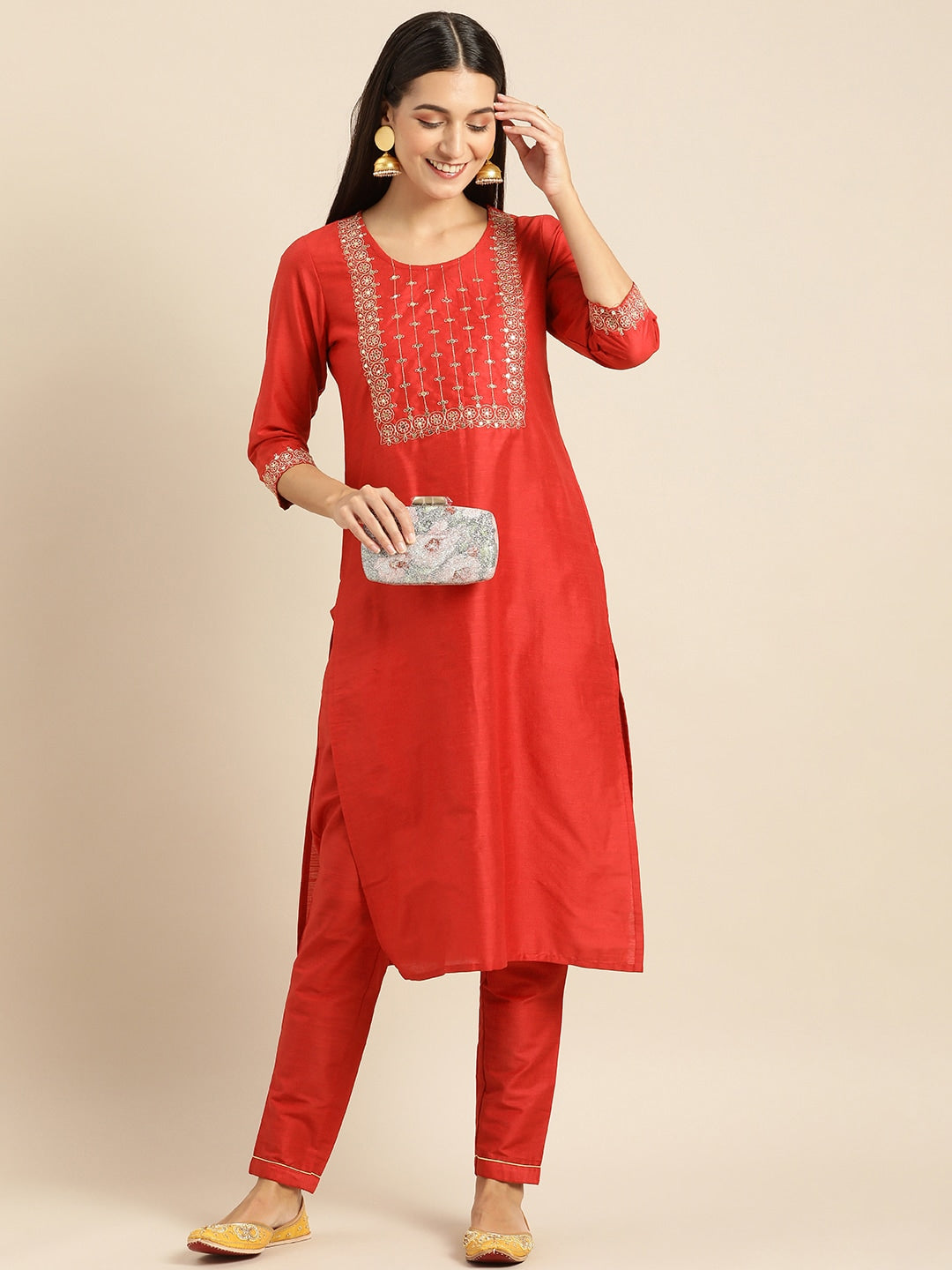 All About You Women Red Woven Design Kurta with Trousers - Distacart