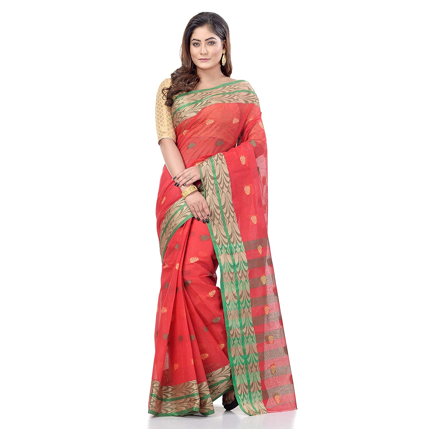 WoodenTant Women's Pure Cotton Tant Saree In assh Green without blouse piece