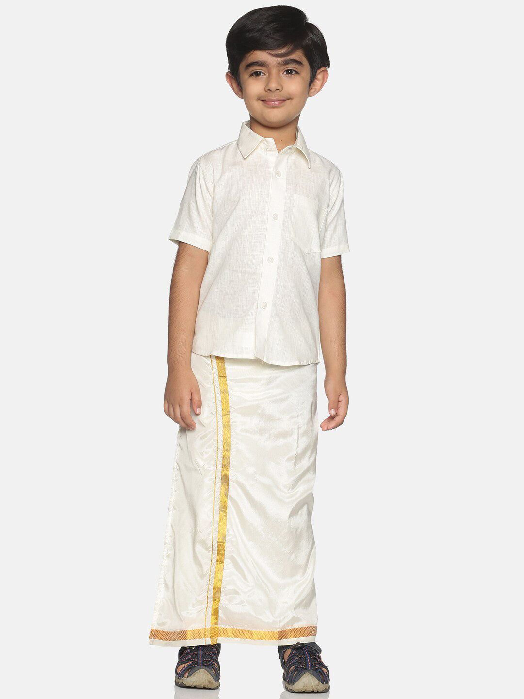 Sethukrishna Boys Cream-Coloured Solid Shirt with Veshti Set - Distacart