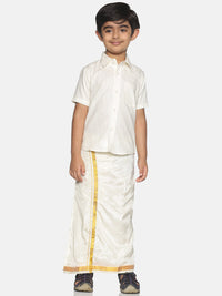 Thumbnail for Sethukrishna Boys Cream-Coloured Solid Shirt with Veshti Set - Distacart