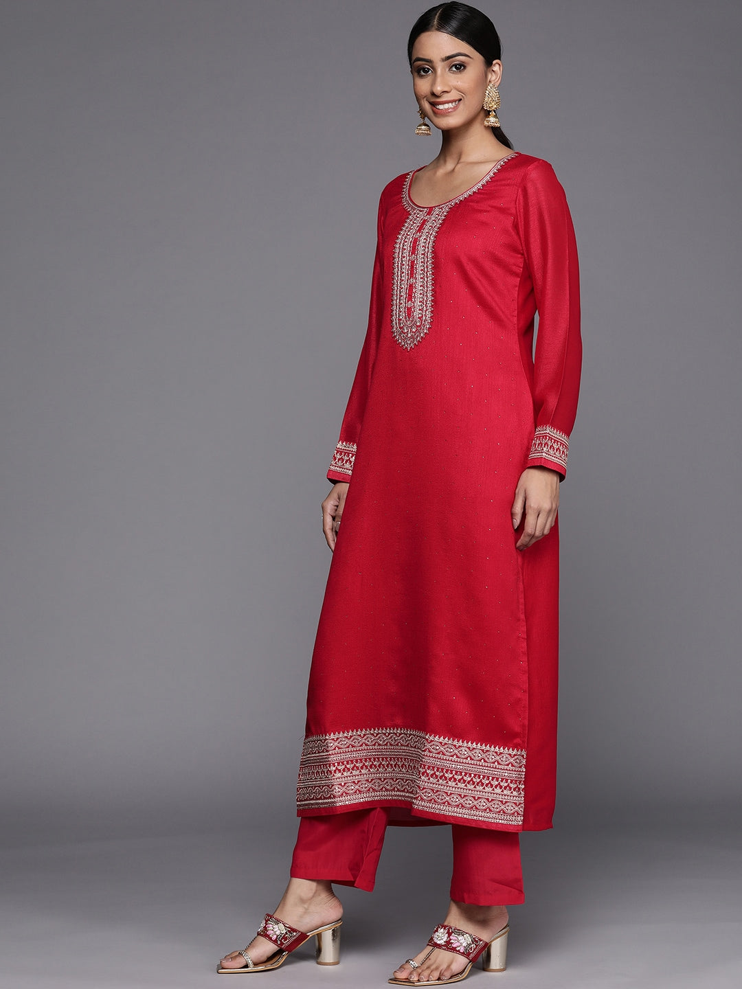 Libas Women Red Ethnic Motifs Yoke Design Kurta With Trousers And With