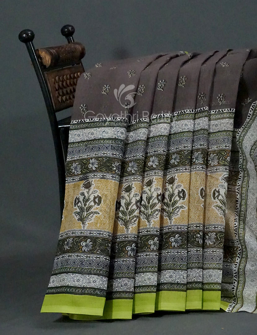 Shades of Grey With Block Print Munga Cotton Saree By Gayathri Reddy Designer Studio - Distacart