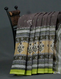 Thumbnail for Shades of Grey With Block Print Munga Cotton Saree By Gayathri Reddy Designer Studio - Distacart