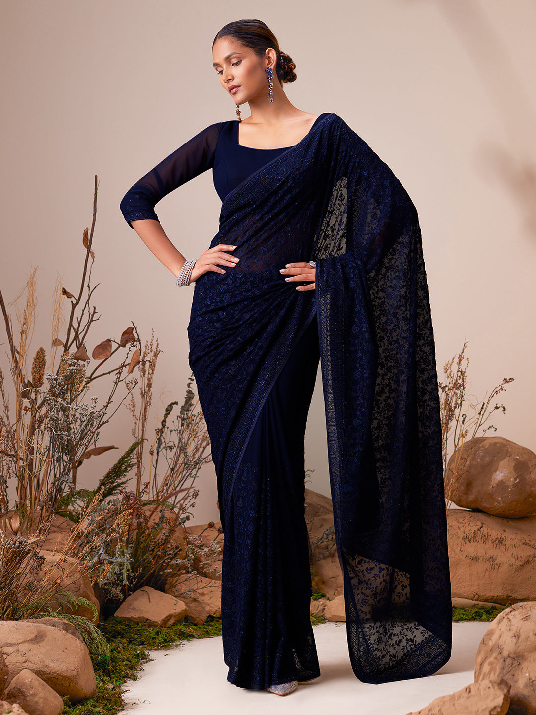 Powder Blue Georgette Saree With Chevron Embroidery And Stone at Soch