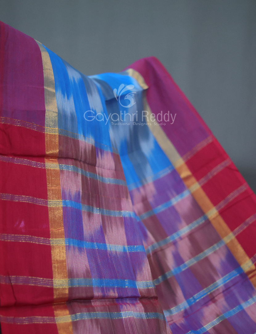 Dual Shades of Sky Blue And Maroon Mangalagiri Ikkat Cotton Saree By Gayathri Reddy Designer Studio - Distacart