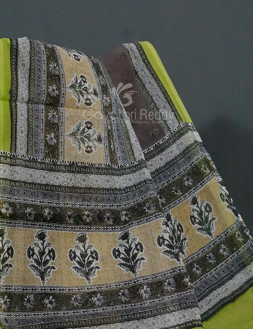 Shades of Grey With Block Print Munga Cotton Saree By Gayathri Reddy Designer Studio - Distacart