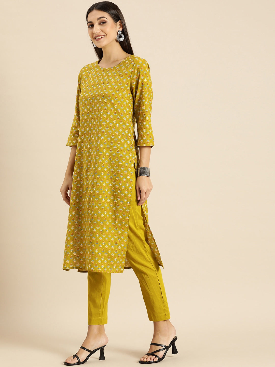 All About You Women Olive Green Ethnic Motifs Print Pure Cotton Kurta with Trousers - Distacart