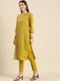 Thumbnail for All About You Women Olive Green Ethnic Motifs Print Pure Cotton Kurta with Trousers - Distacart