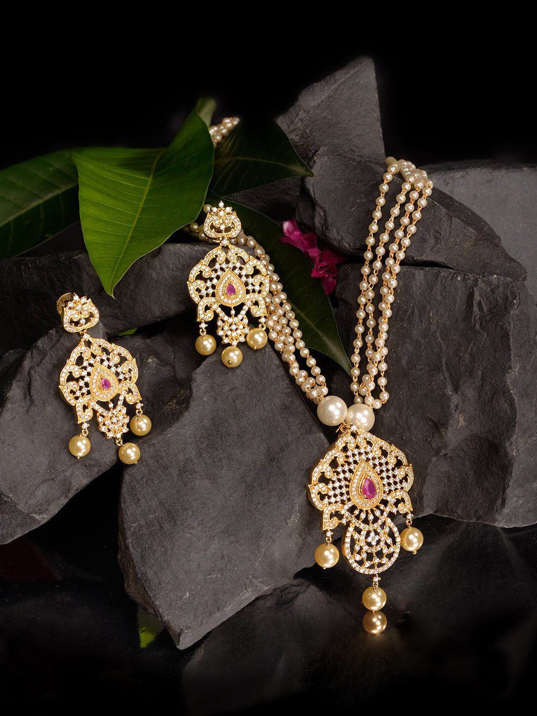Saraf RS Jewellery Gold-Plated White & Magenta American Diamond Studded Jewellery Set - Distacart