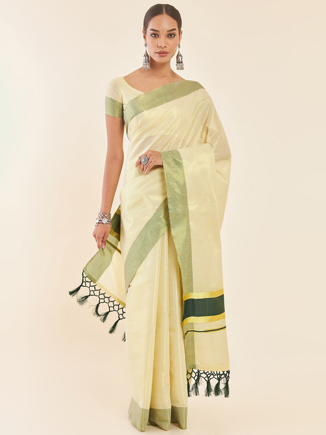 Soch Off White & Green Woven Design Zari Tissue Kasavu Saree - Distacart