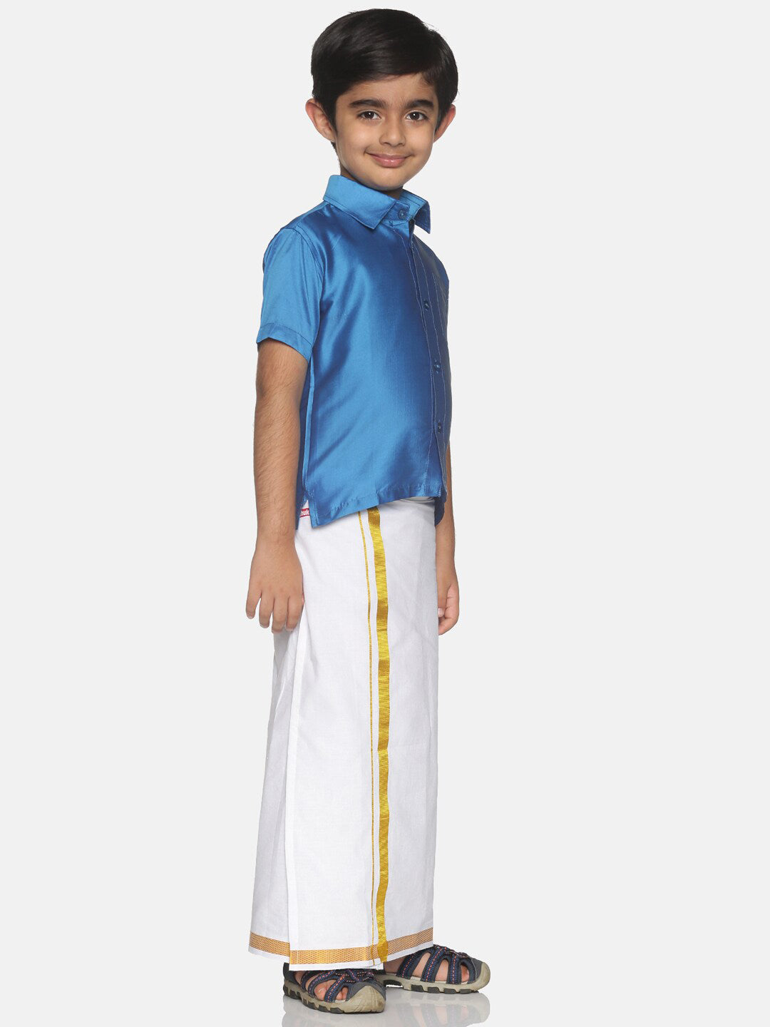 Sethukrishna Blue & White Solid Shirt and Veshti Set For Boys - Distacart