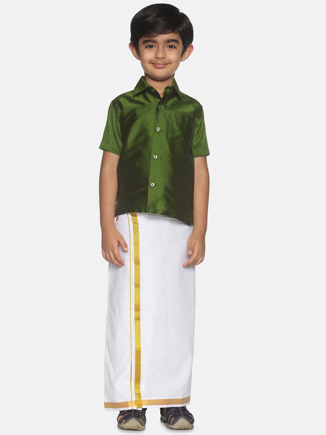 Sethukrishna Boys Olive Green & White Shirt And Veshti Set - Distacart