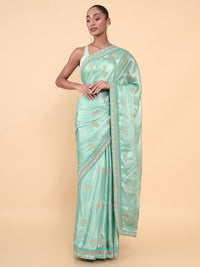 Thumbnail for Soch Sea Green & Grey Floral Embroidered Silk Blend Tussar Saree - Distacart