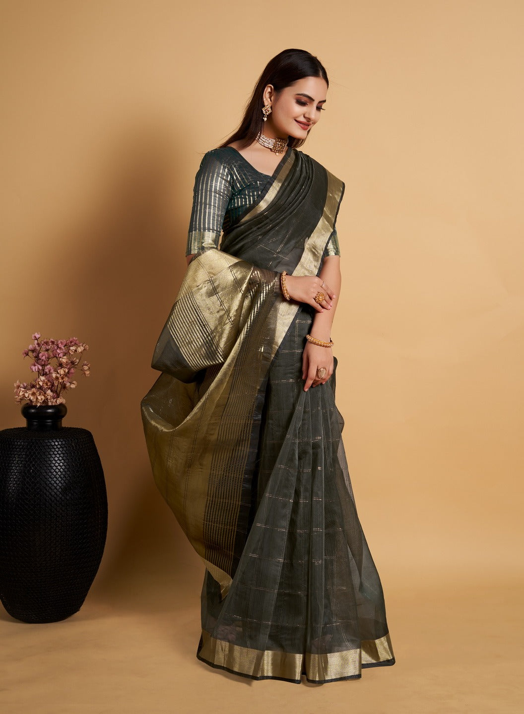 Black Silk Colour-Block Saree – Meena Bazaar