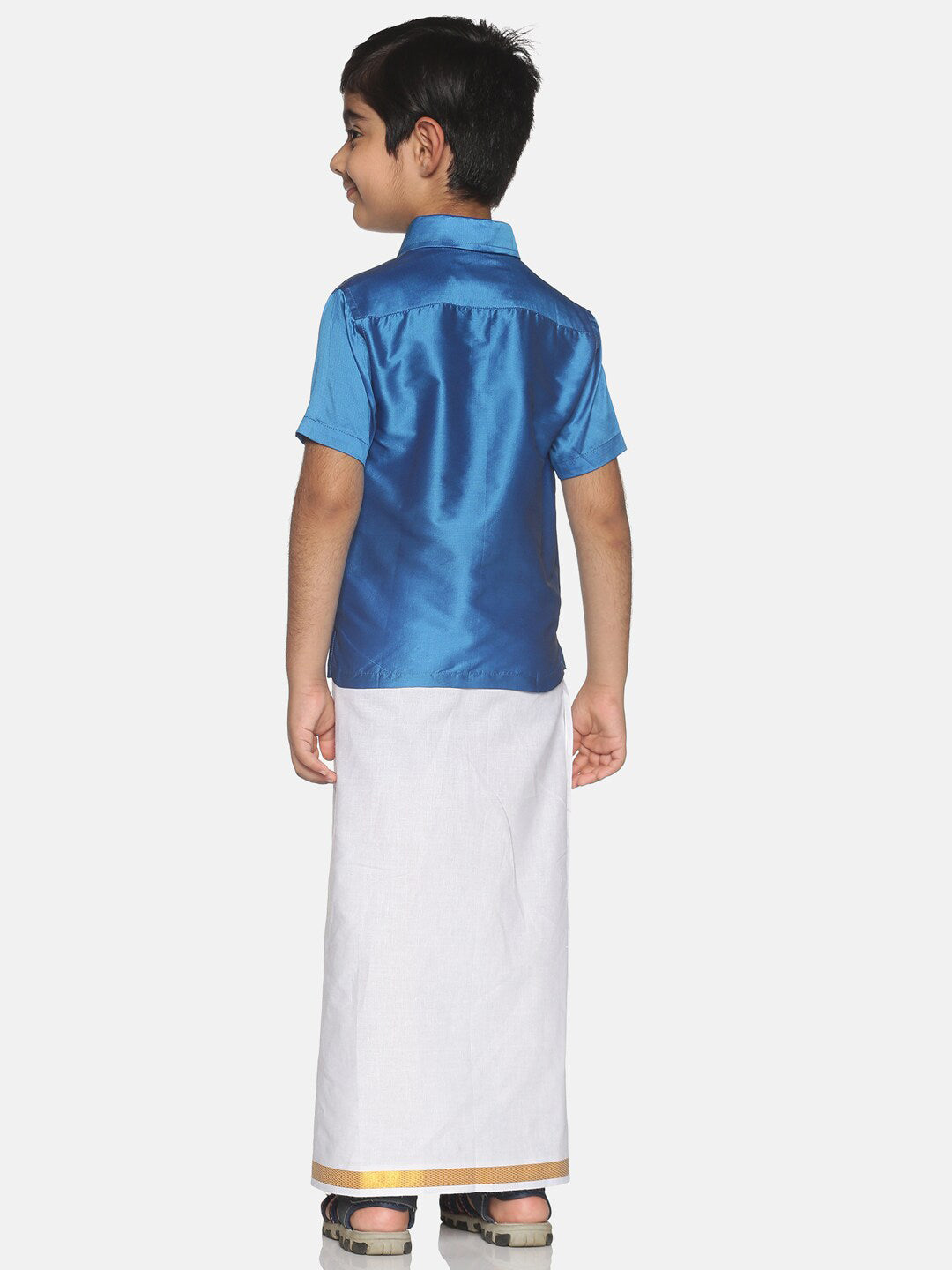 Sethukrishna Blue & White Solid Shirt and Veshti Set For Boys - Distacart