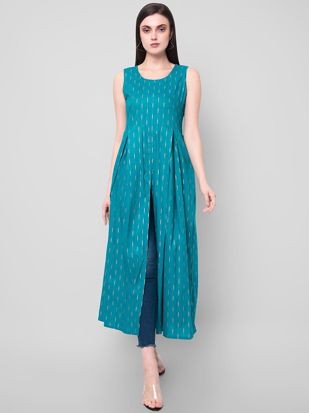 Kalini Women Turquoise Blue Ethnic Motifs High-Slit Kurta - Distacart