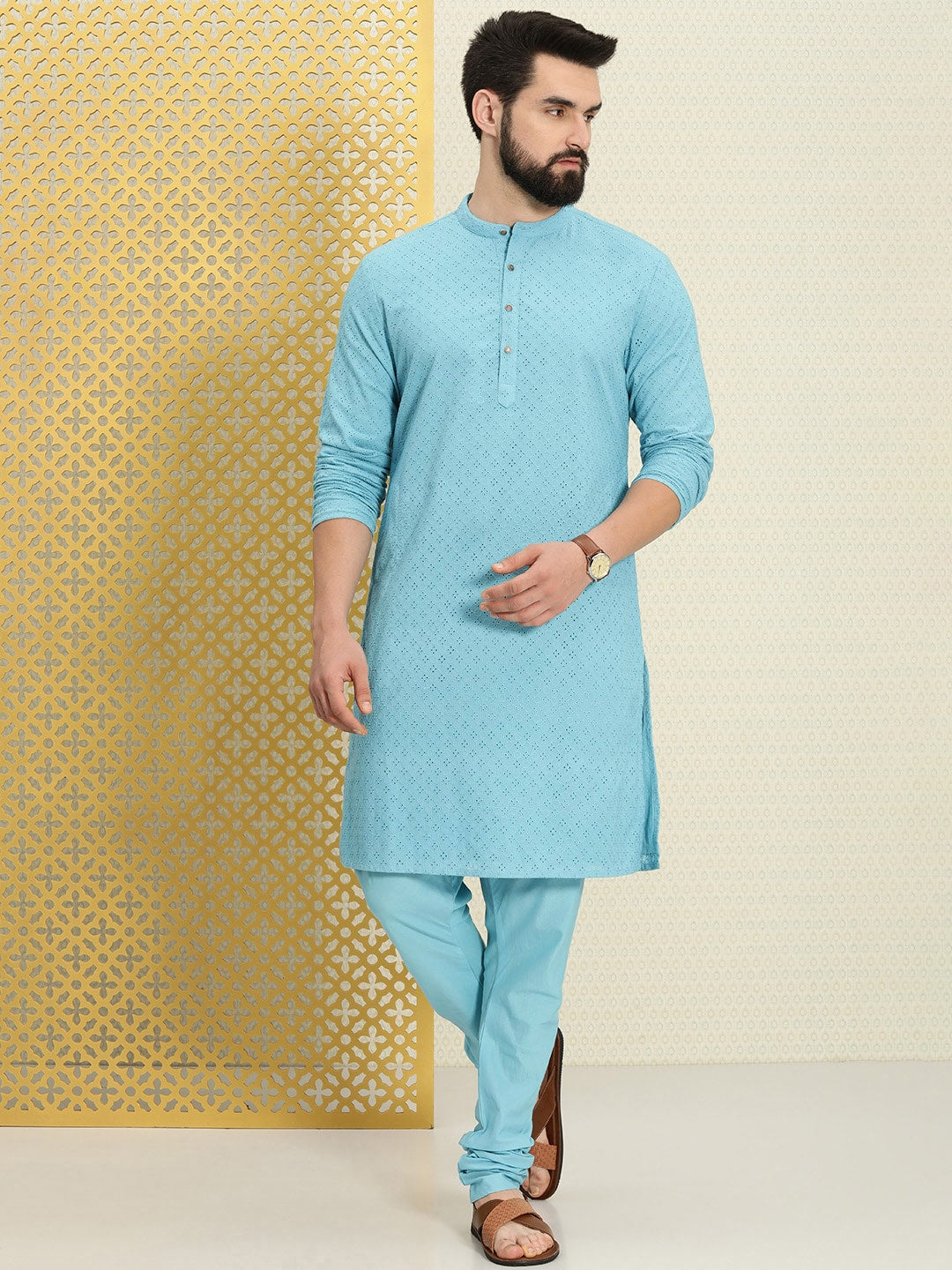 House of Pataudi Men Pure Cotton Schiffli Thread Work Jashn Kurta with Pyjamas - Distacart