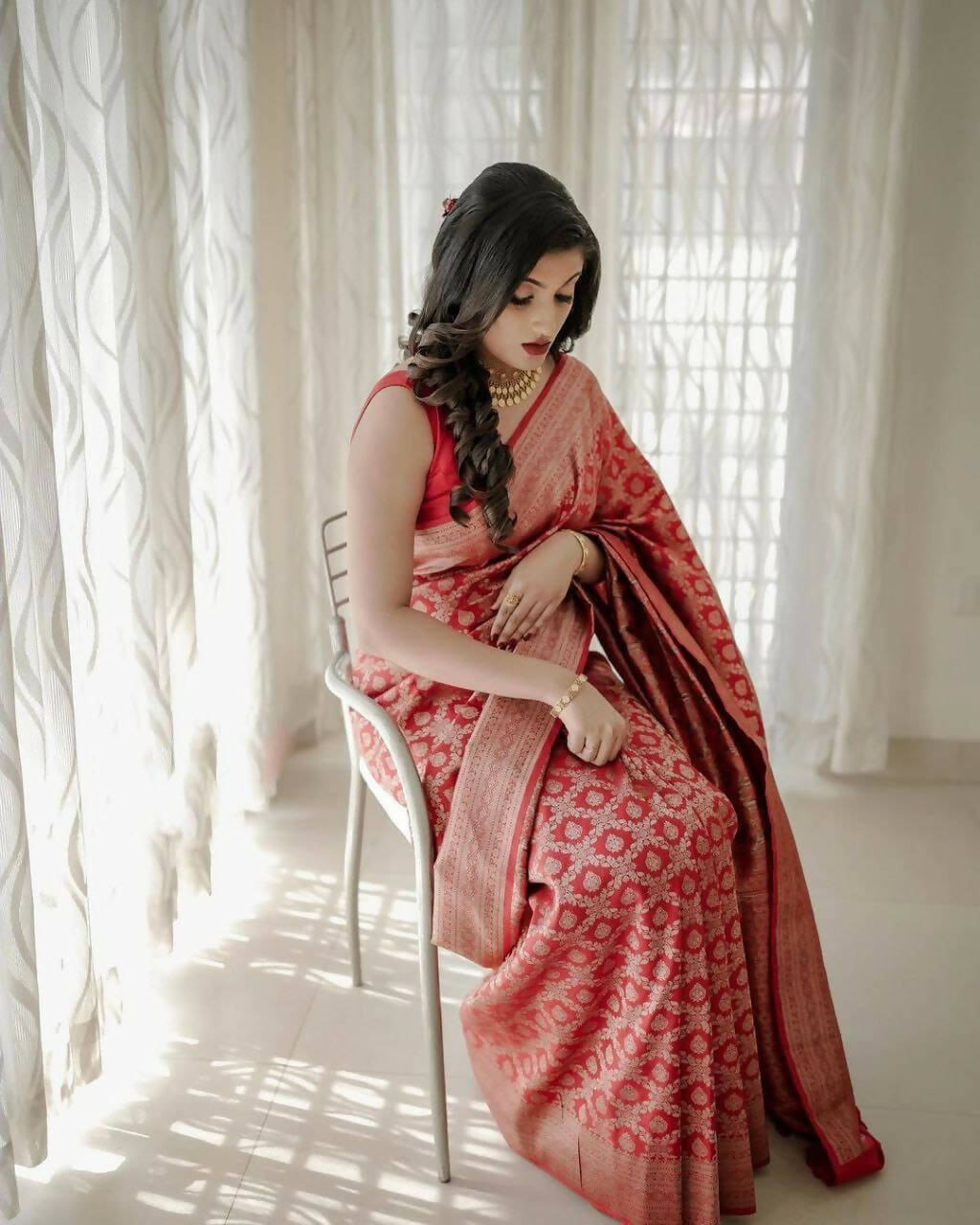 DEIANA'S Beautiful Golden Jari with New Design Soft Lichi Silk Saree - Red - Distacart