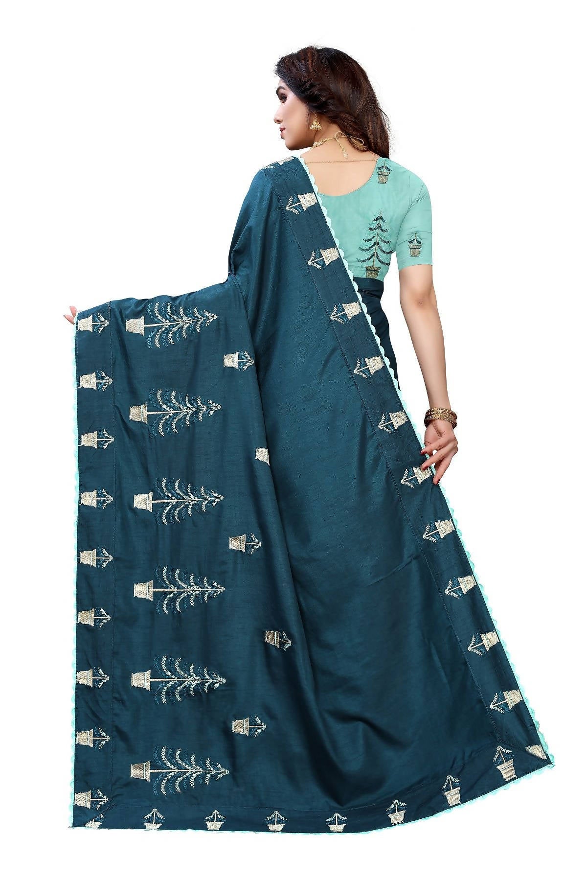 Vamika Rama Green Dola Silk Embroidery Saree (HELENA RAMA) - Distacart