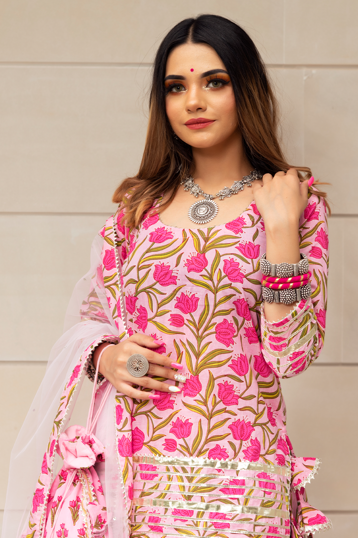 Pomcha Jaipur Tulsi Pink Cotton Hand Block Skirt Set - Distacart