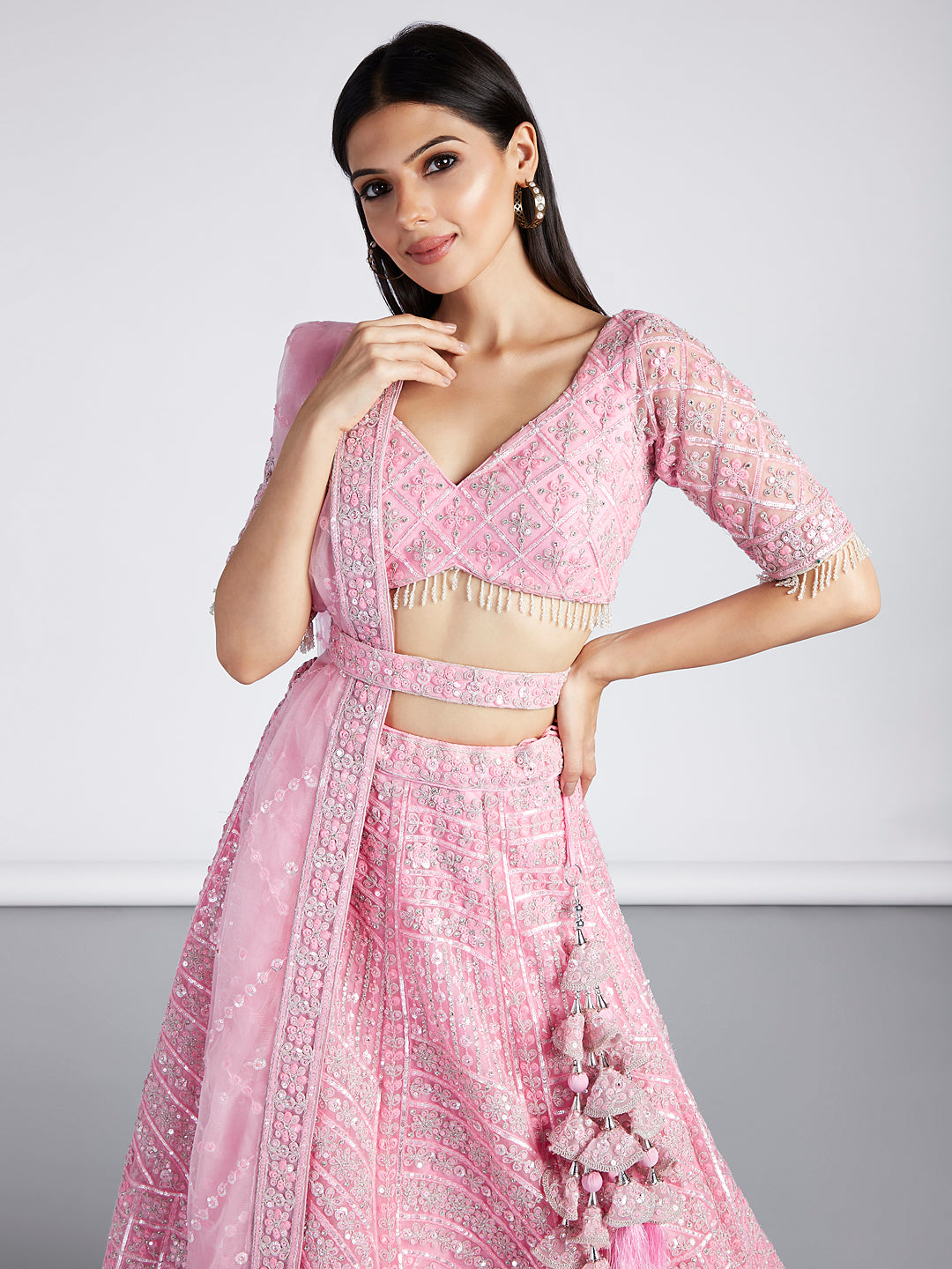 House of Panchhi Pink Net Sequins, Zarkan And Thread Embroidery Lehenga Choli & Dupatta - Distacart